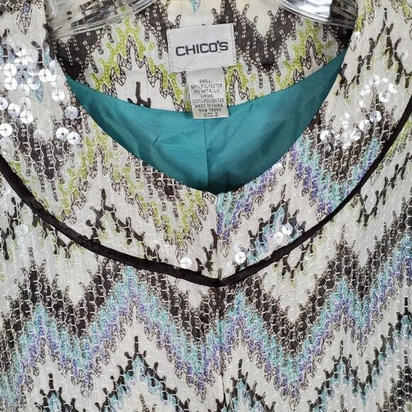 Chicos 2 Size L Jacket Sequin Blazer Zig-Zag Shimmer Chevron Fitted Sparkle - Picture 6 of 7